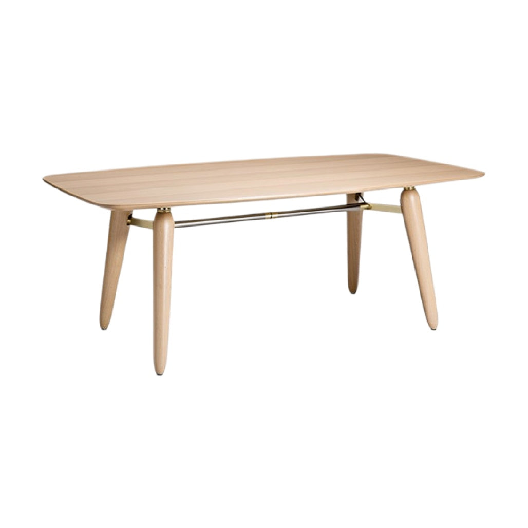 Moderne houten eettafel met ronde hoeken en metalen accenten