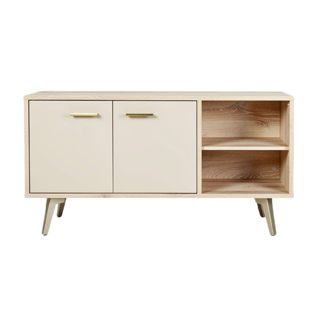 Titel: "Moderne TV-kast met Houten Afwerking en Gouden Handgrepen"