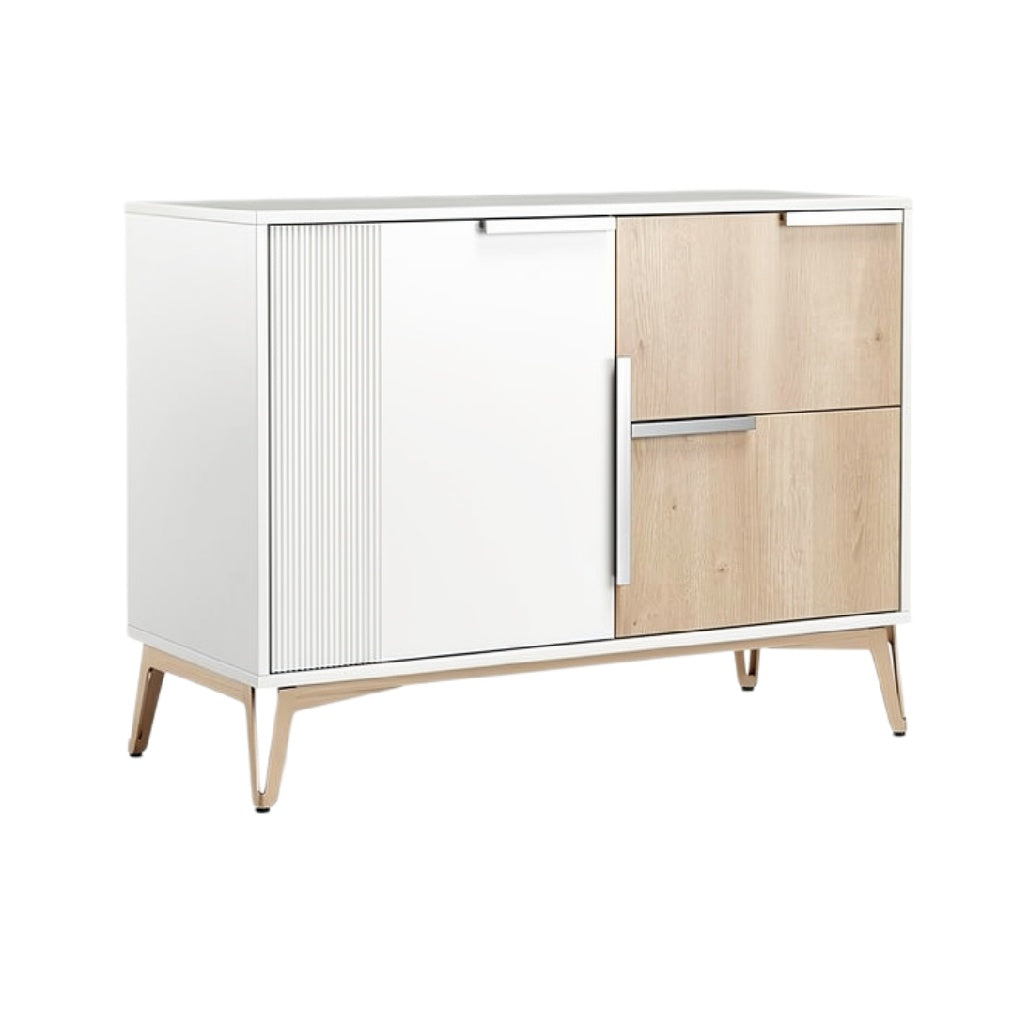Moderne wandkast met wit en houtfineer, 2 deuren en 2 lades.