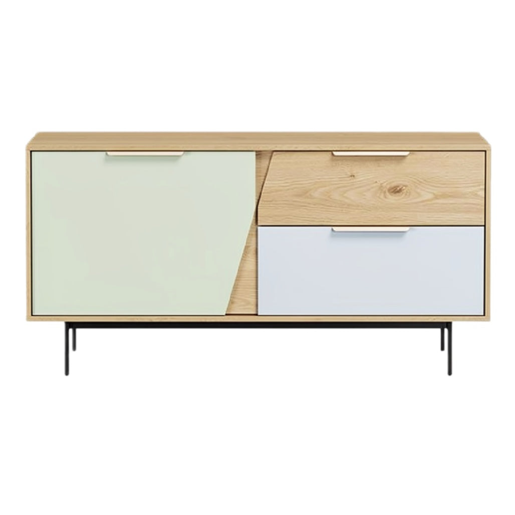 Moderne dressoir met houten afwerking en gekleurde deurtjes
